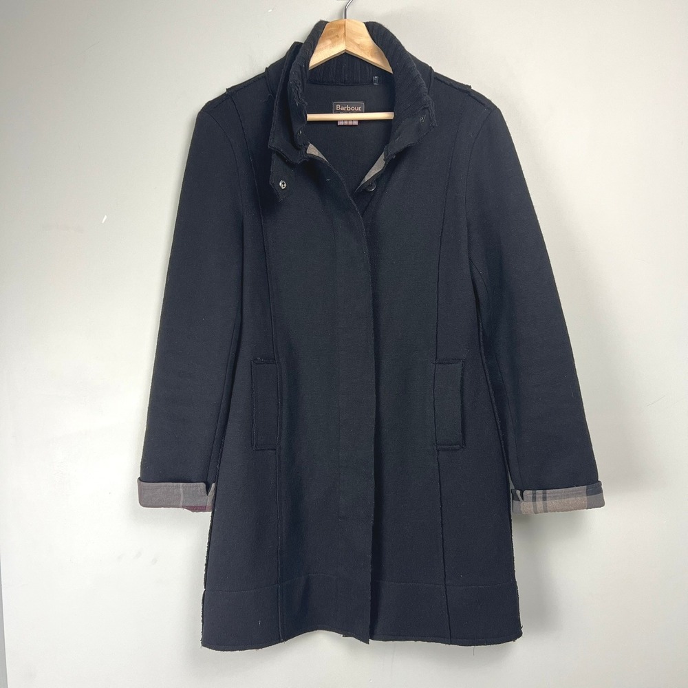Barbour Millfire Knit Wool Blend Coat Black Winter Tartan Sz 8 Heritage Classic